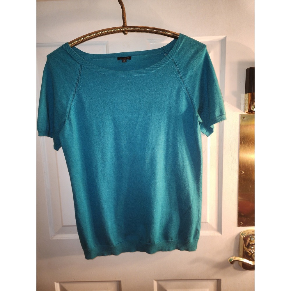 Talbots Womens Short Sleeve Crew Neck Sweater Teal Blue Pointelle Raglan‎ Medium